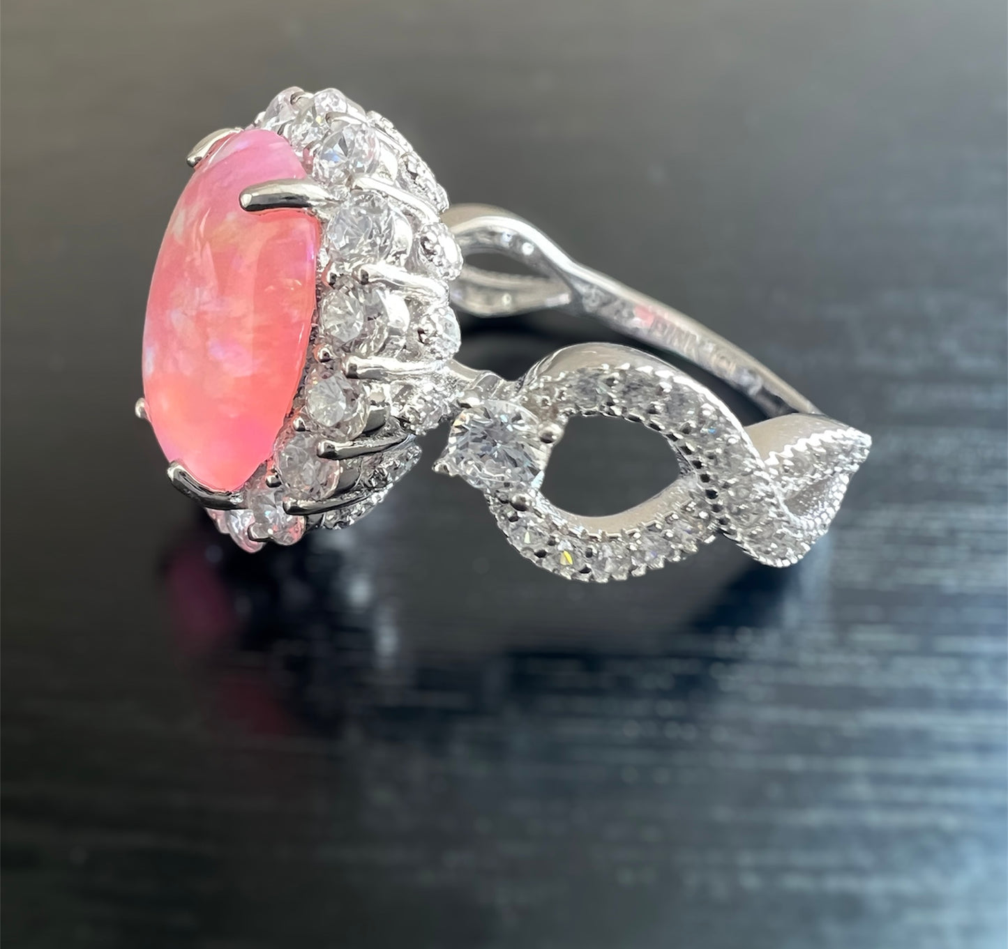 925 Sterling Silver Infinity Oval Cut Semi Transparent Pink Fire Opal & Diamond CZ Ring