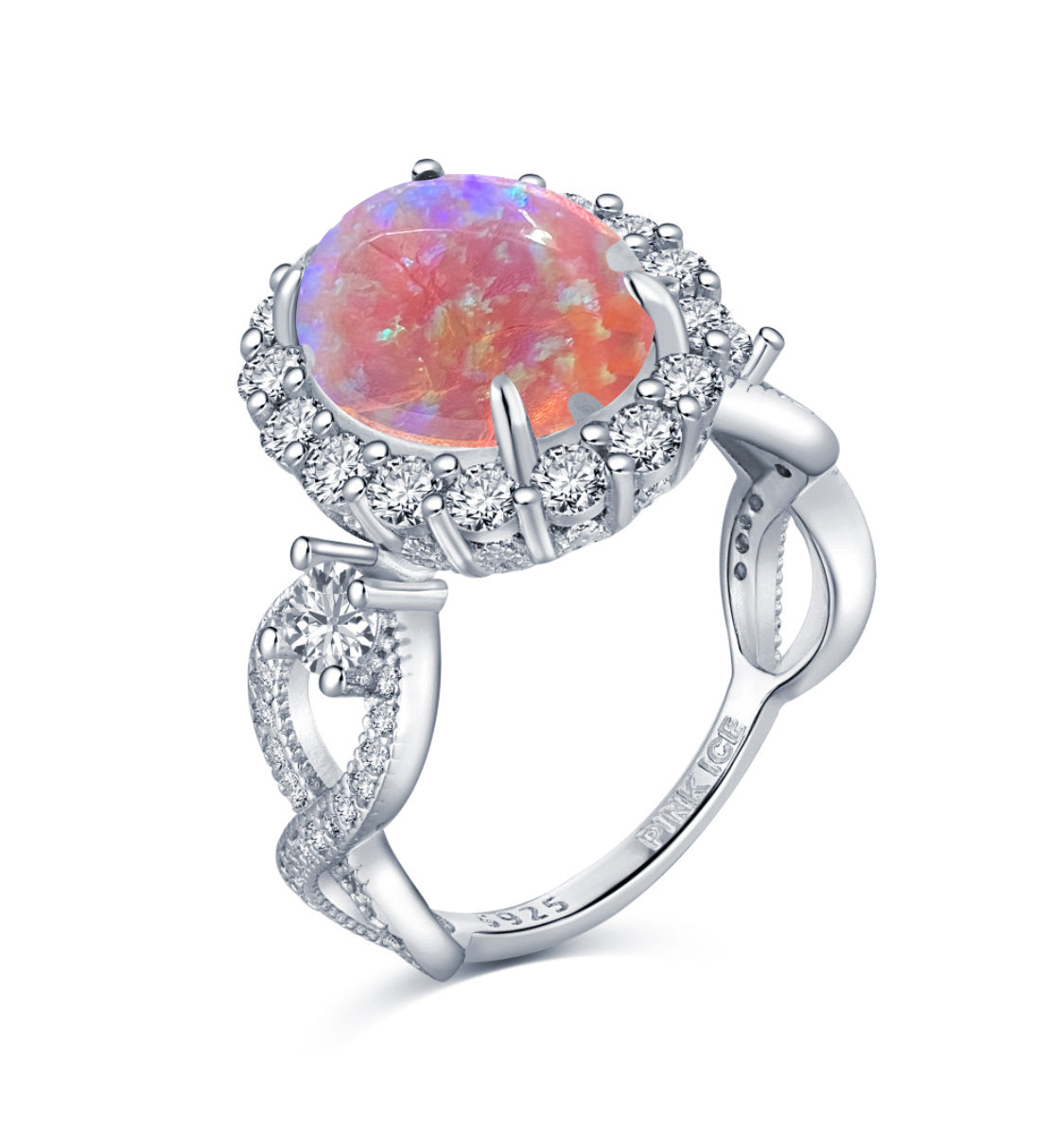 925 Sterling Silver Infinity Oval Cut Semi Transparent Pink Fire Opal & Diamond CZ Ring