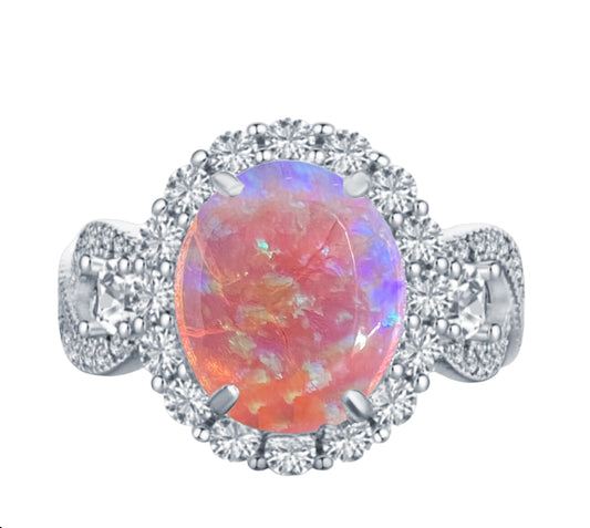 925 Sterling Silver Infinity Oval Cut Semi Transparent Pink Fire Opal & Diamond CZ Ring