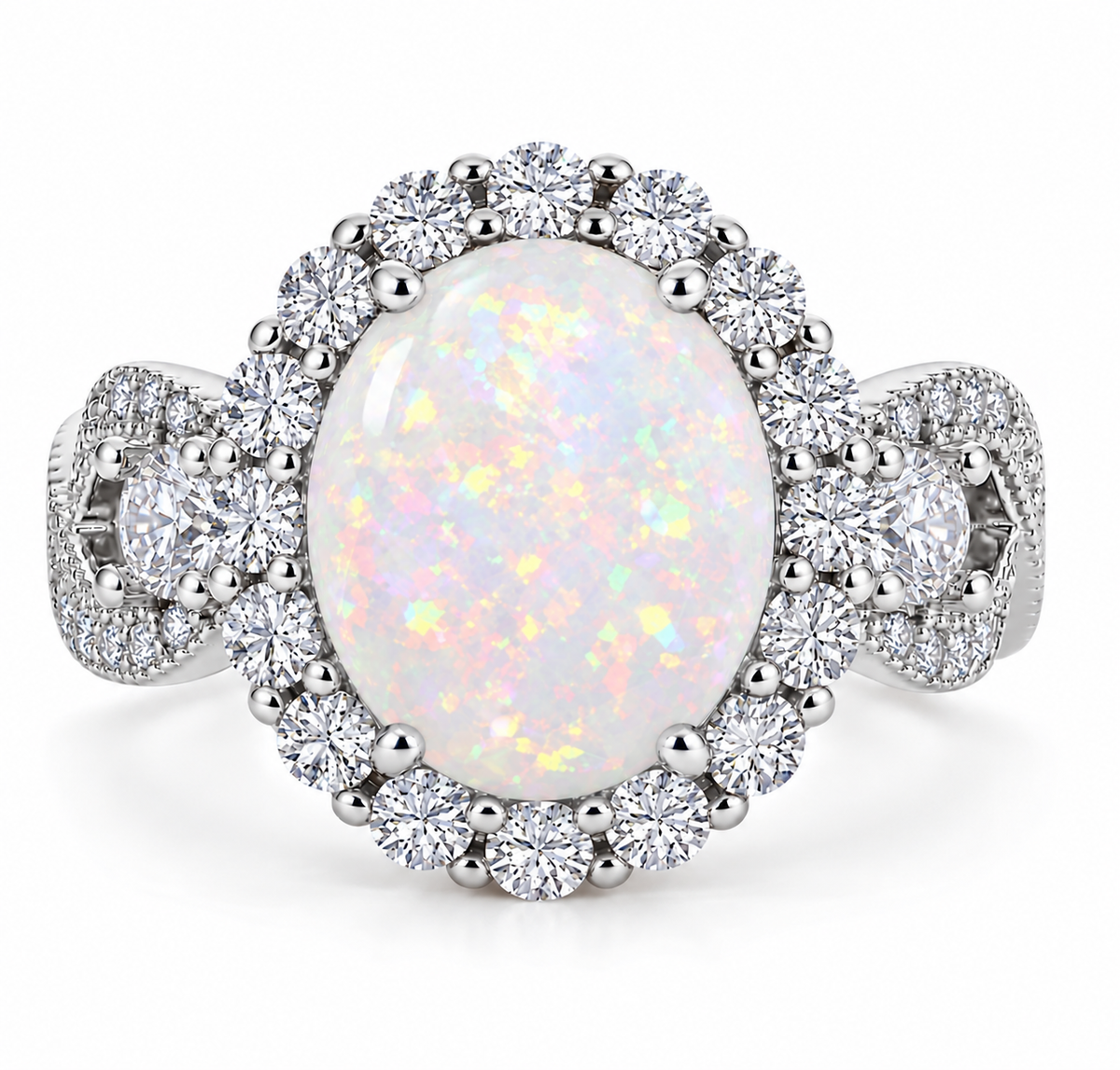 *PRE-ORDER - 925 Sterling Silver Infinity Oval Cut White Fire Opal-Effect & Diamond CZ Ring