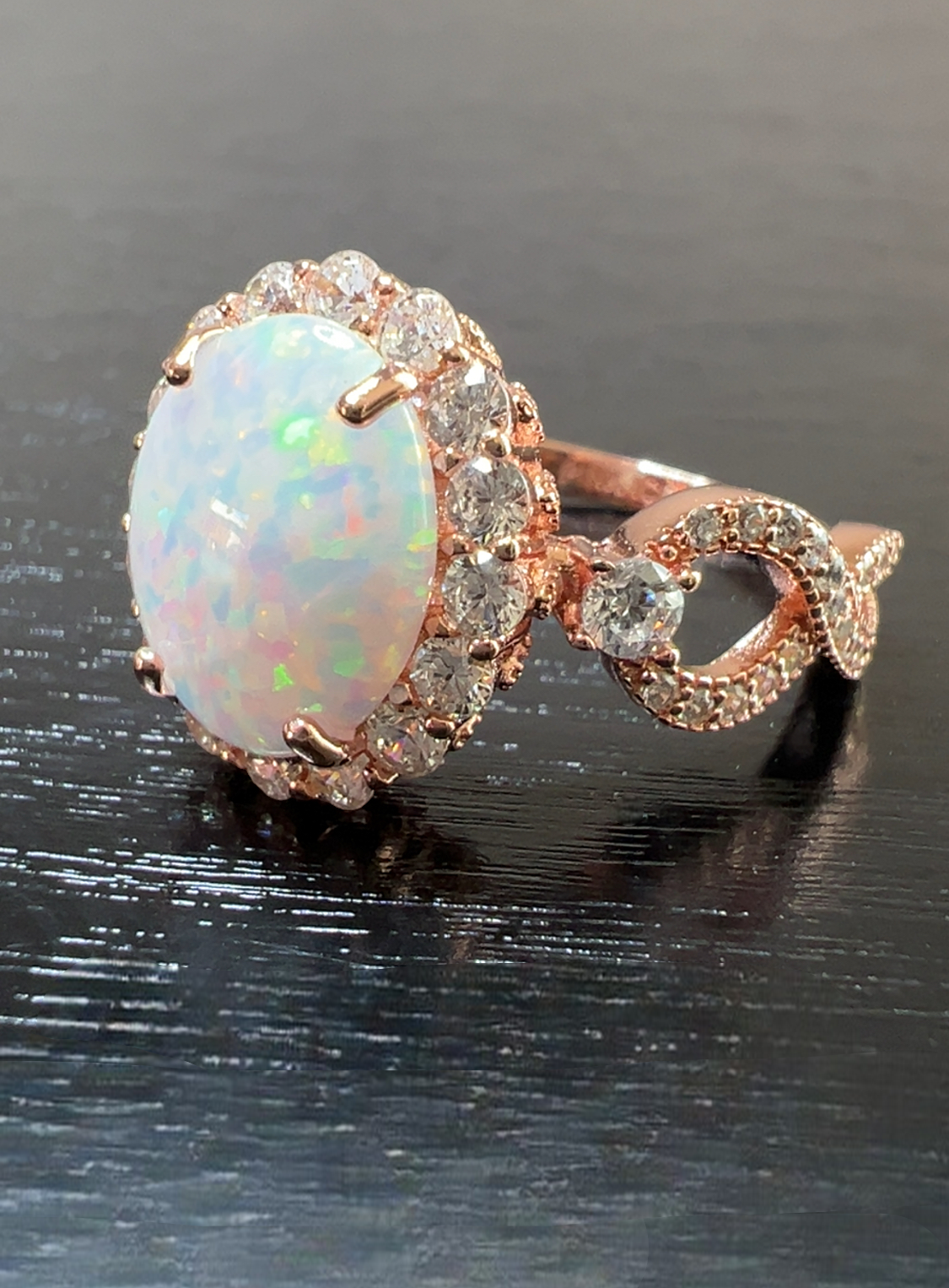 925 Sterling Silver Infinity Oval Cut White Fire Opal & Diamond CZ Ring - Rose Gold