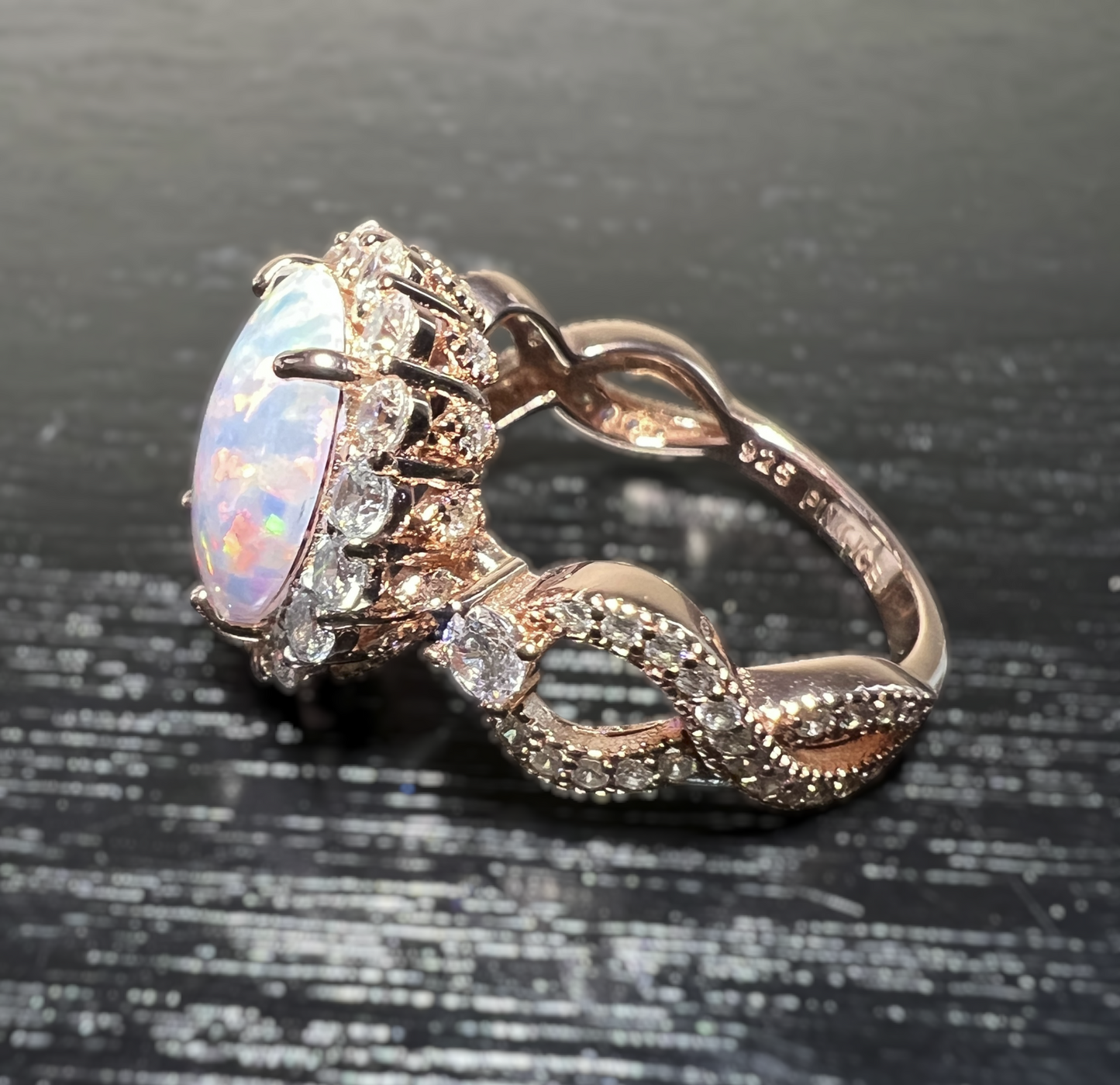 925 Sterling Silver Infinity Oval Cut White Fire Opal & Diamond CZ Ring - Rose Gold