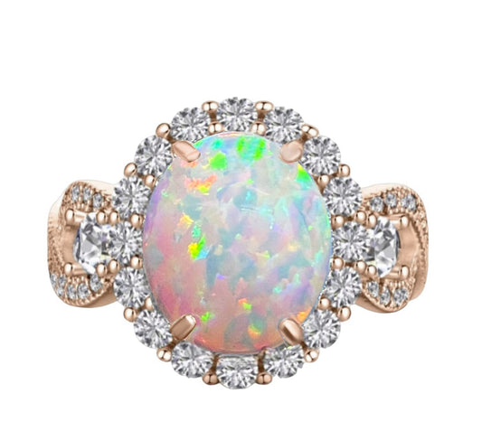 925 Sterling Silver Infinity Oval Cut White Fire Opal & Diamond CZ Ring - Rose Gold