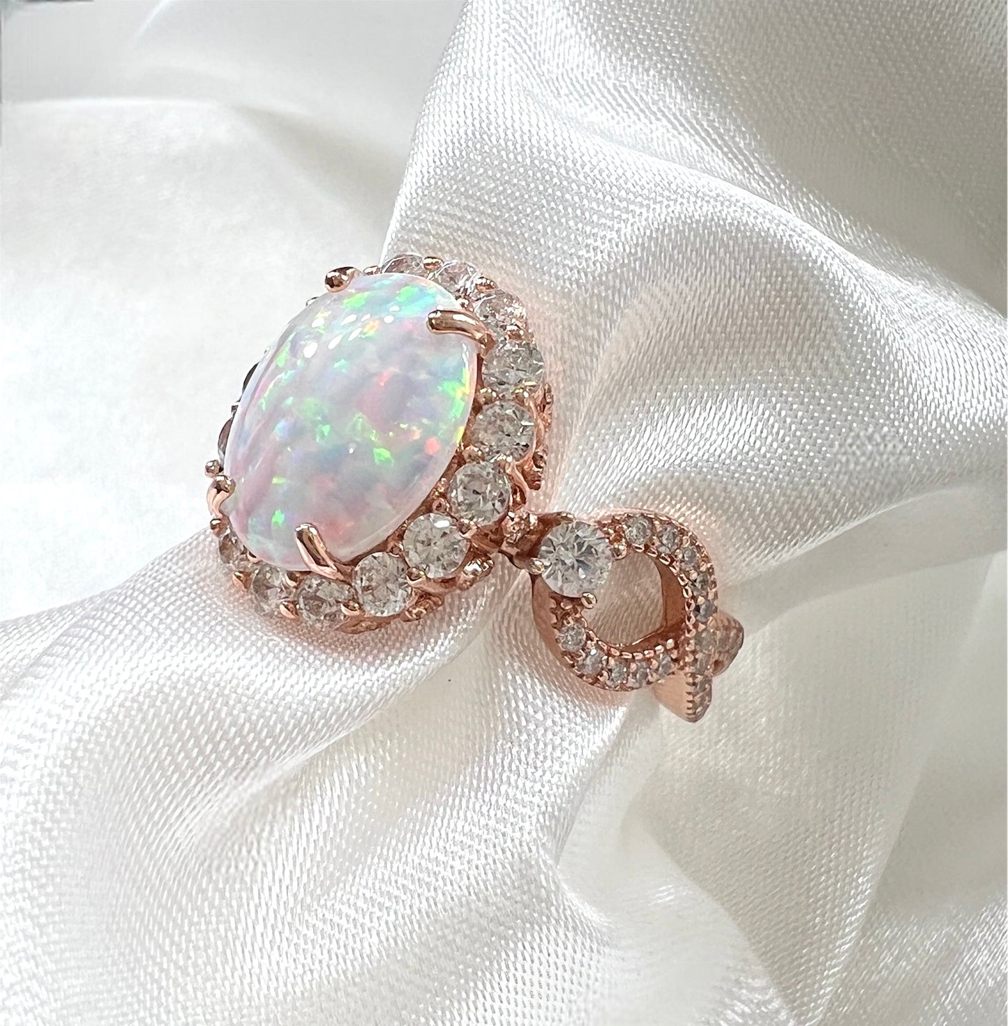 925 Sterling Silver Infinity Oval Cut White Fire Opal & Diamond CZ Ring - Rose Gold