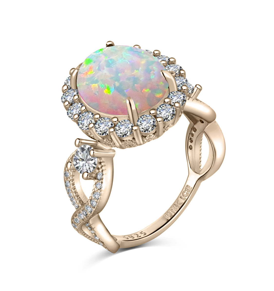 925 Sterling Silver Infinity Oval Cut White Fire Opal & Diamond CZ Ring - Rose Gold