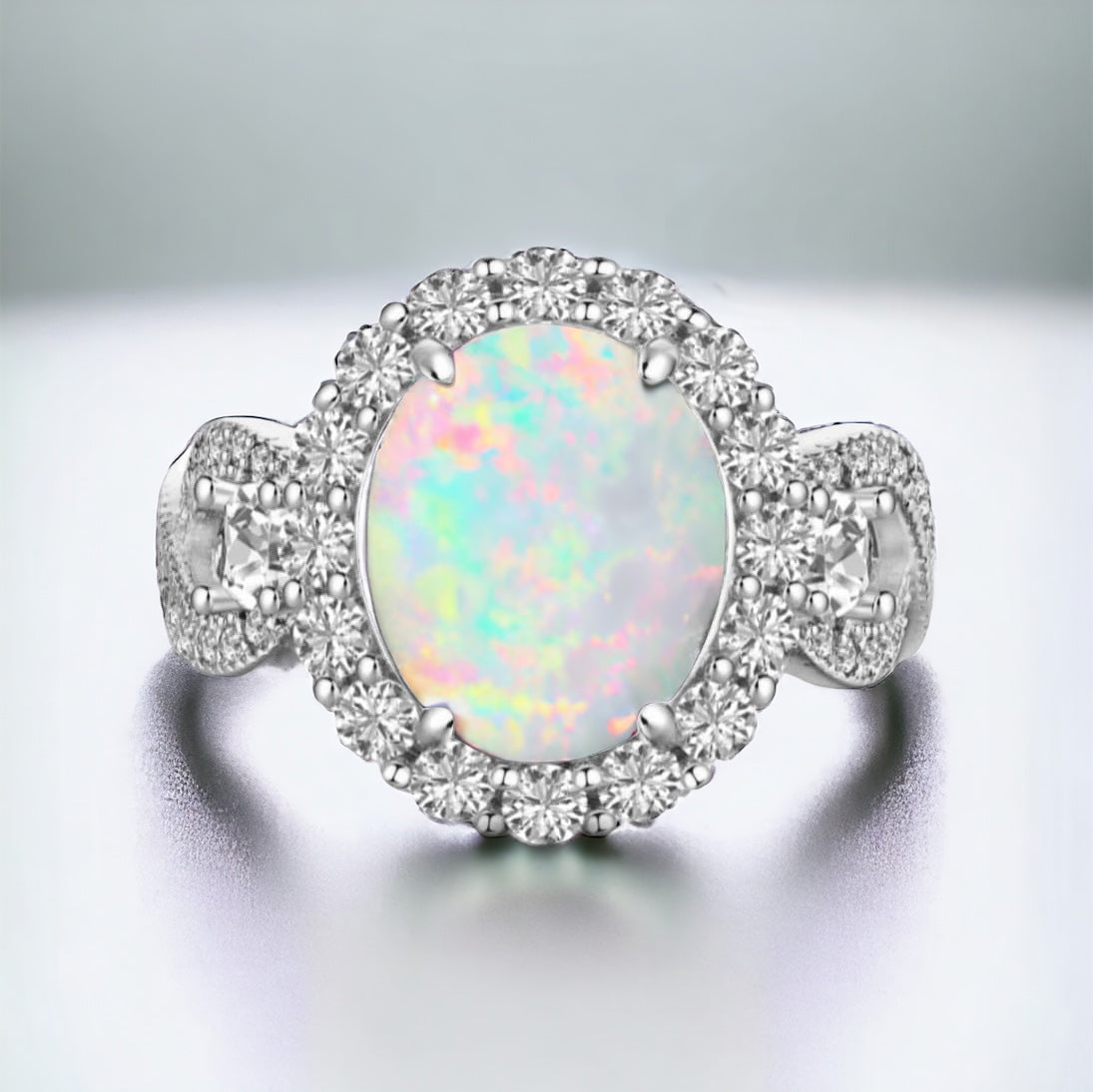 925 Sterling Silver Infinity Oval Cut White Fire Opal & Diamond CZ Ring