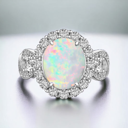 925 Sterling Silver Infinity Oval Cut White Fire Opal & Diamond CZ Ring