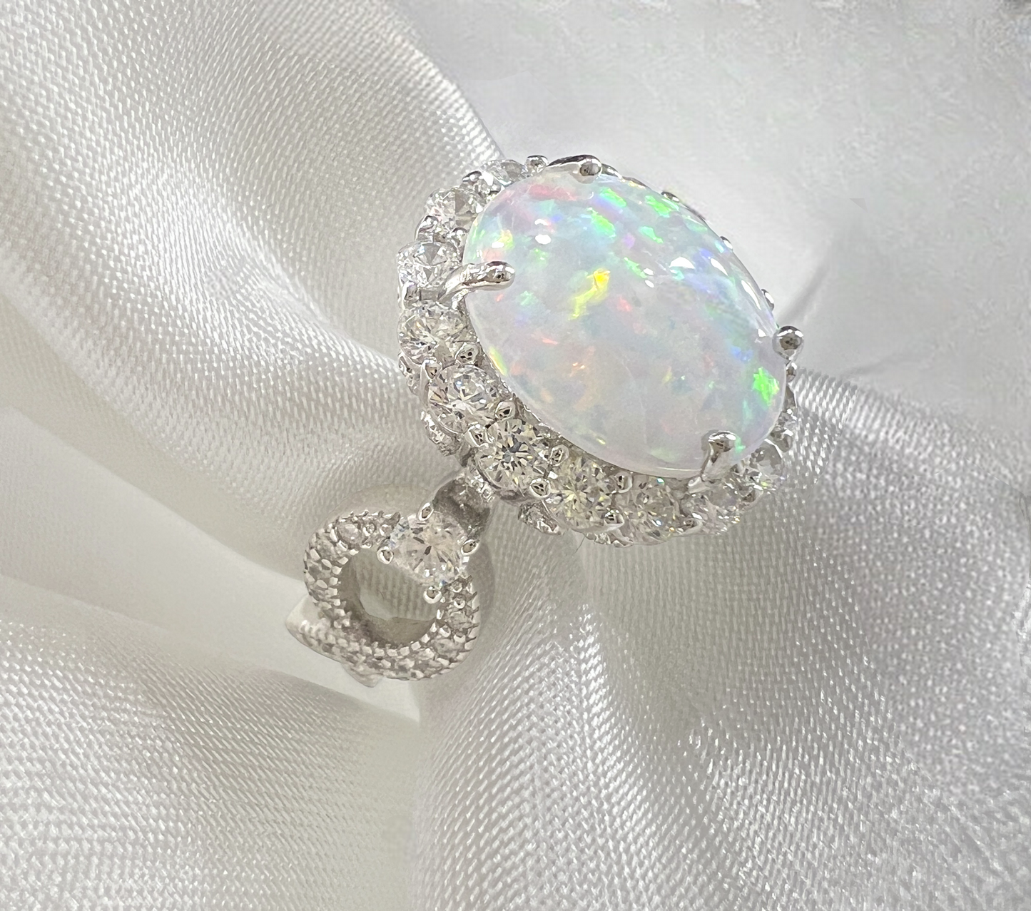 925 Sterling Silver Infinity Oval Cut White Fire Opal & Diamond CZ Ring