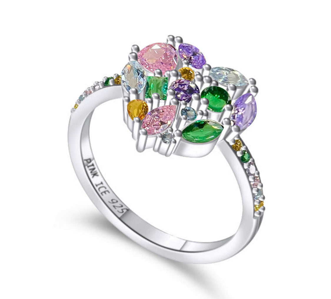 PRE-ORDER - 925 Sterling Silver Multi Color CZ Cluster Heart Ring on Rhodium or Rose Gold