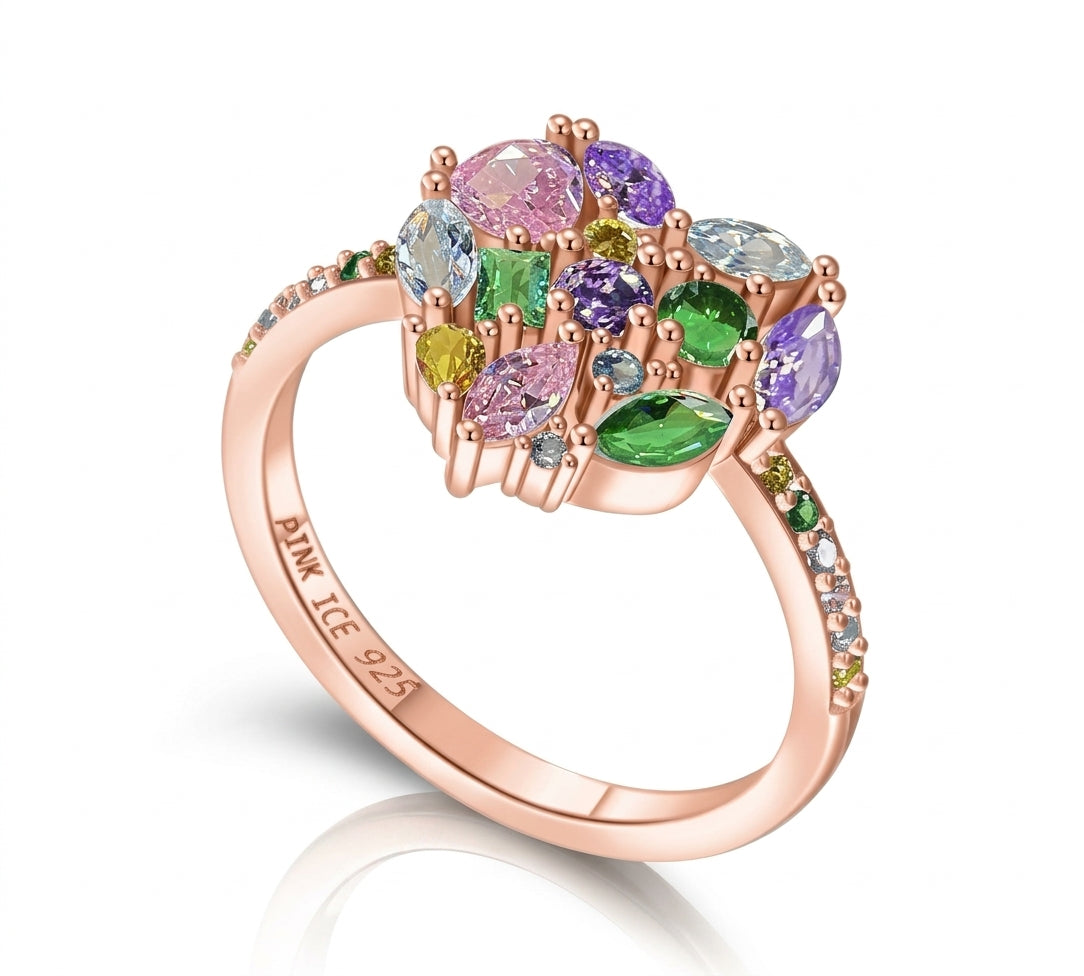 925 Sterling Silver Multi Color CZ Cluster Heart Ring on Rhodium or Rose Gold