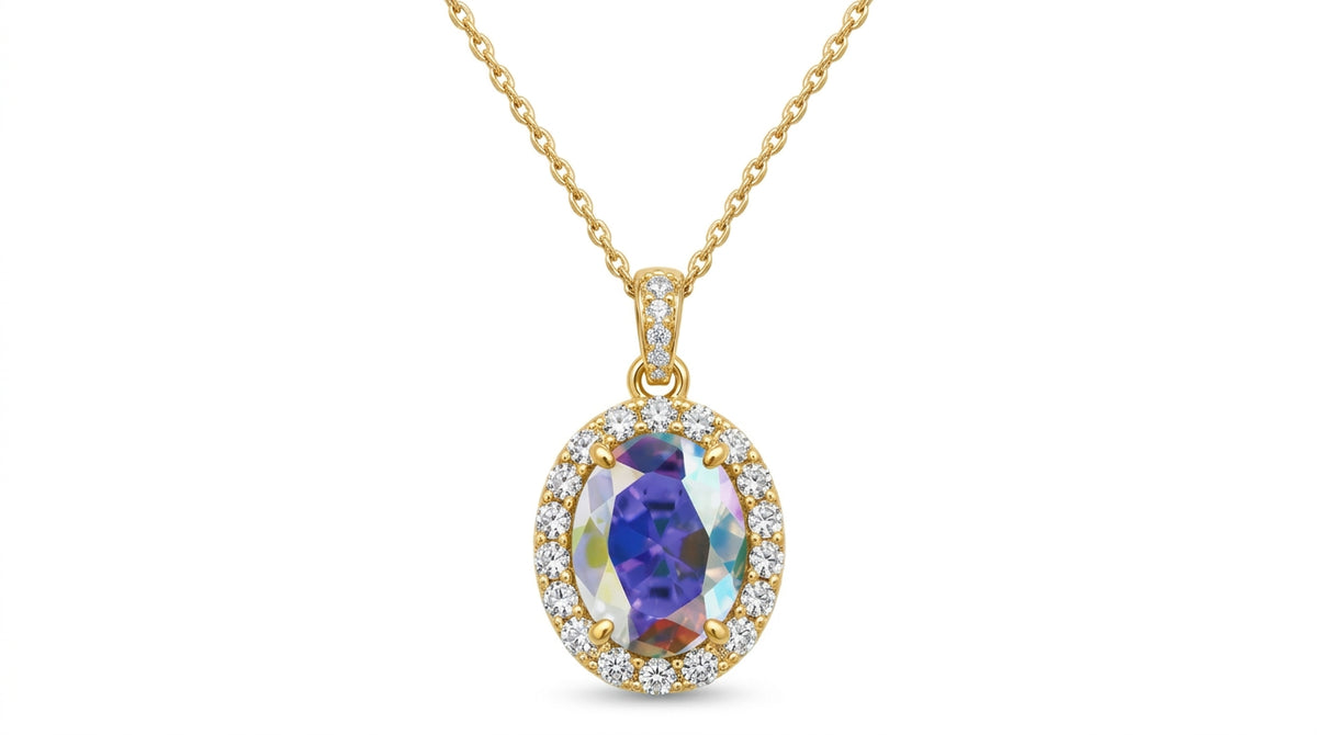 *PRE-ORDER - 925 Sterling Silver Oval Cut AB CZ Halo Pendant Necklace (Choose your plating)