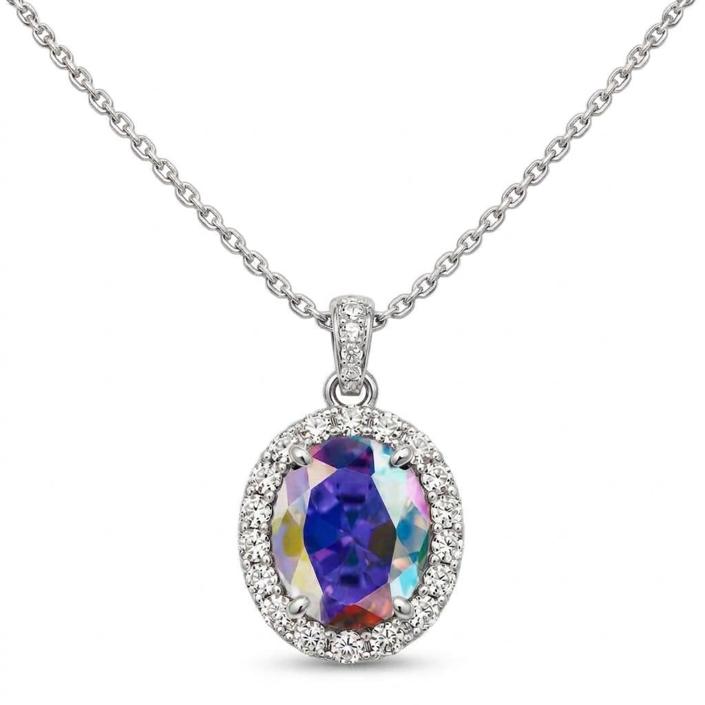 *PRE-ORDER - 925 Sterling Silver Oval Cut AB CZ Halo Pendant Necklace (Choose your plating)