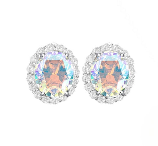 925 Sterling Silver Oval Cut Aurora Borealis CZ Earrings on Rhodium