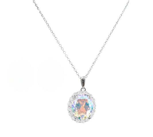 *PRE-ORDER - 925 Sterling Silver Oval Cut AB CZ Halo Pendant Necklace (Choose your plating)