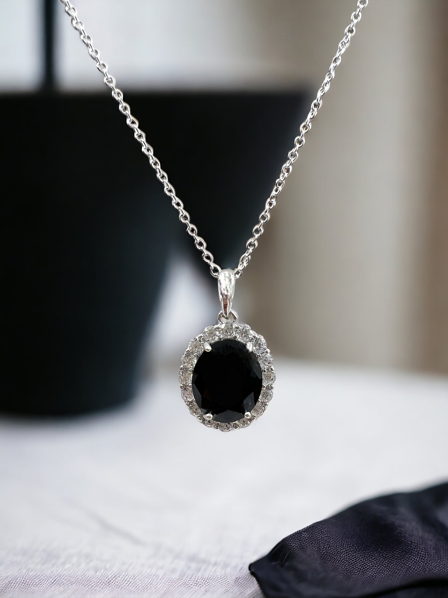 925 Sterling Silver Oval Cut Black Onyx Halo Pendant Necklace