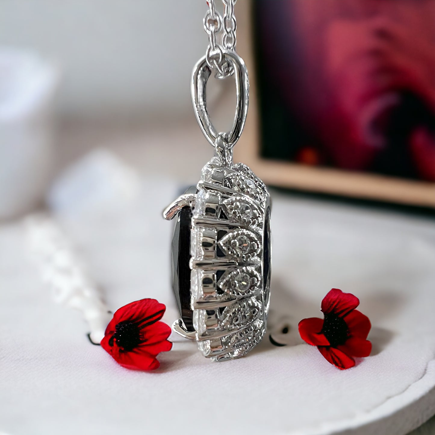 925 Sterling Silver Oval Cut Black Onyx Halo Pendant Necklace