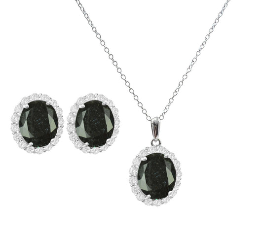 925 Sterling Silver Oval Cut Black Ice Necklace & Earrings Set