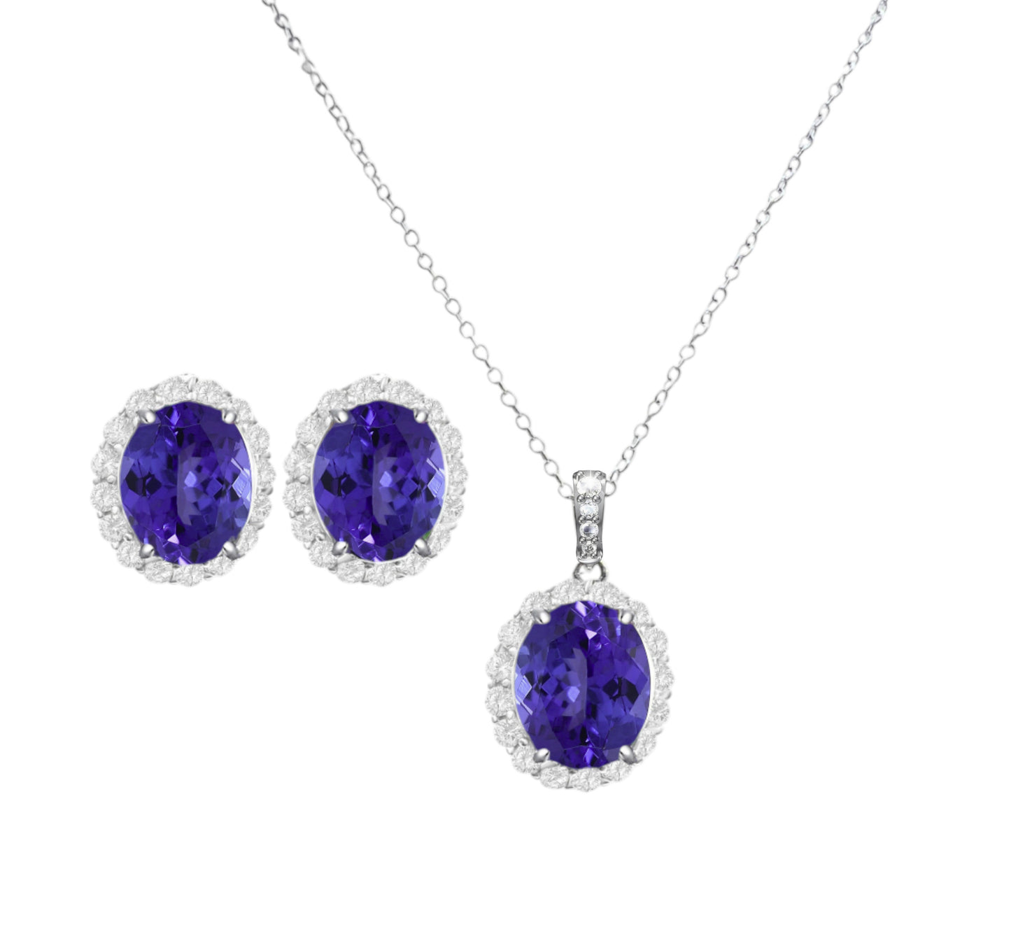 925 Sterling Silver Oval Cut Blue Tanzanite Necklace & Earrings Set
