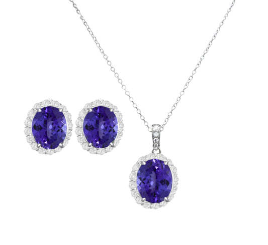 925 Sterling Silver Oval Cut Blue Tanzanite Necklace & Earrings Set