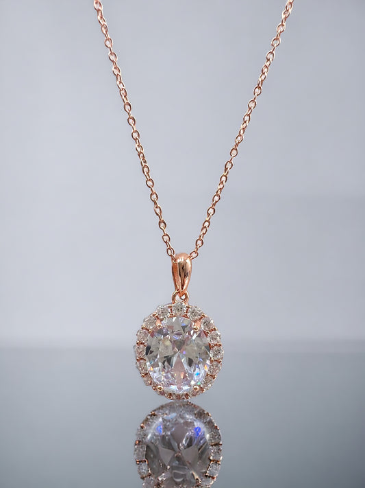 925 Sterling Silver Oval Cut Diamond CZ Halo Pendant Necklace - Rose Gold