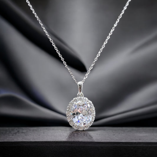 925 Sterling Silver Oval Cut Diamond CZ Halo Pendant Necklace