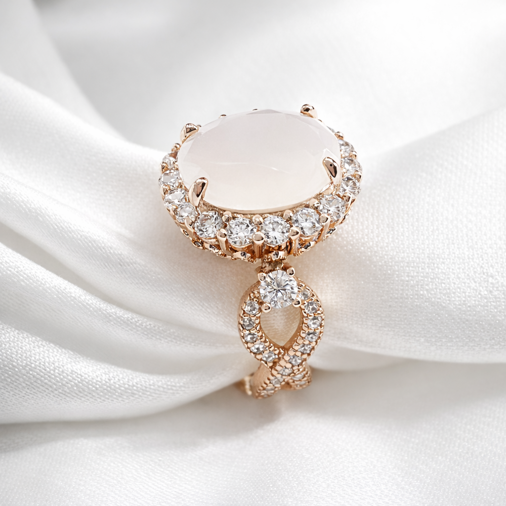 925 Sterling Silver Oval Cut Milky White Crystal Infinity Band Ring (Choose your plating)