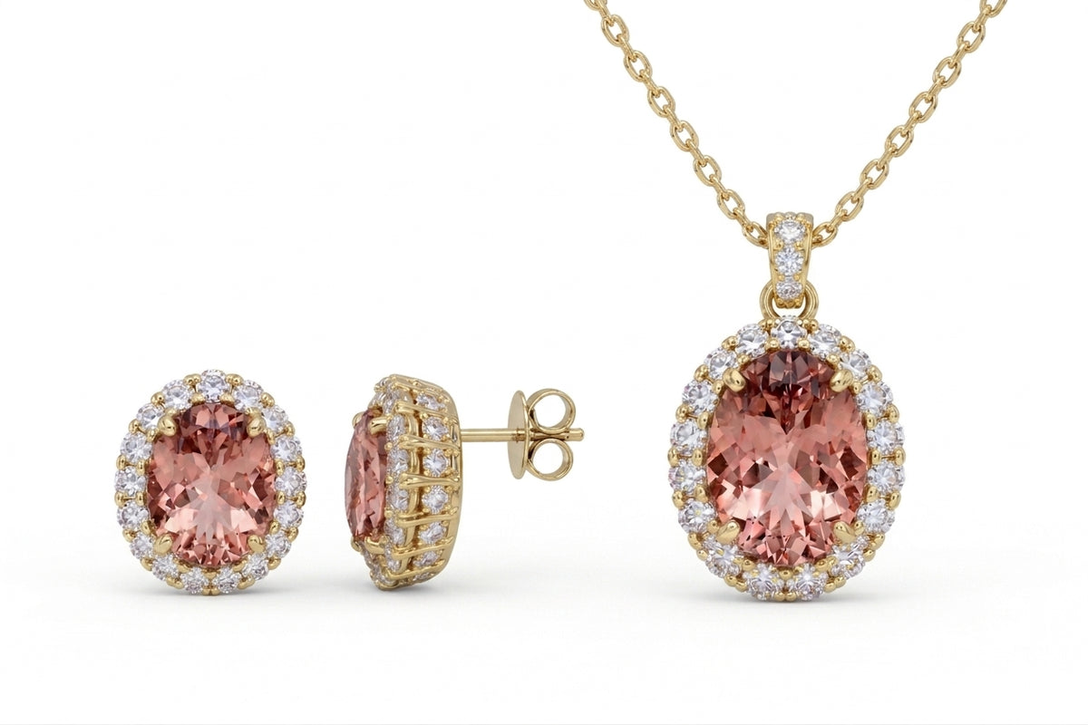 *PRE-ORDER - 925 Sterling Silver Oval Cut Morganite CZ Necklace & Earrings Set (Choose your plating)