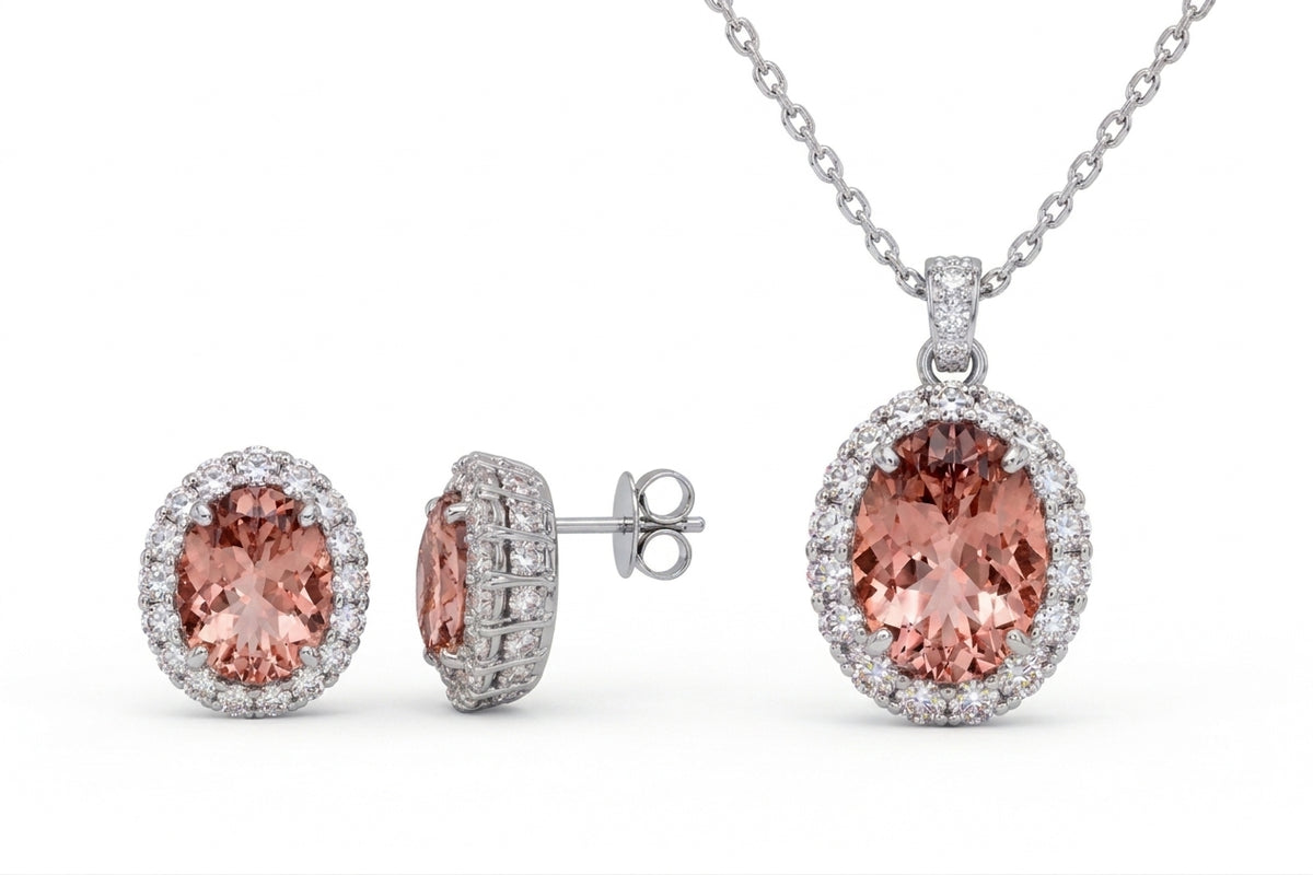 *PRE-ORDER - 925 Sterling Silver Oval Cut Morganite CZ Necklace & Earrings Set (Choose your plating)