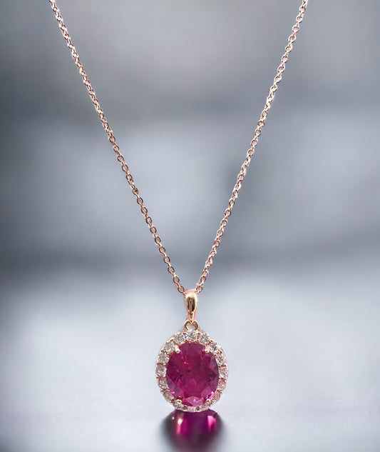 925 Sterling Silver Oval Cut Rose Corundum Halo Pendant Necklace