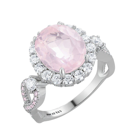 925 Sterling Silver Oval Cut Rose Quartz Infinity Band Ring accented with Shimmering Pink Crystals