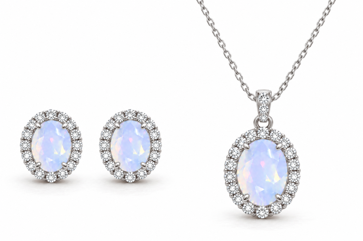 *PRE-ORDER - 925 Sterling Silver Oval Cut Simulated White Moonstone Necklace & Earrings Set (Choose your Plating)