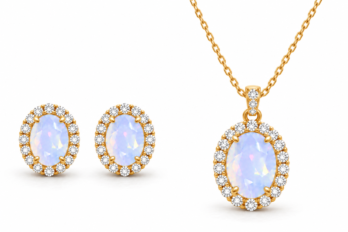 *PRE-ORDER - 925 Sterling Silver Oval Cut Simulated White Moonstone Necklace & Earrings Set (Choose your Plating)