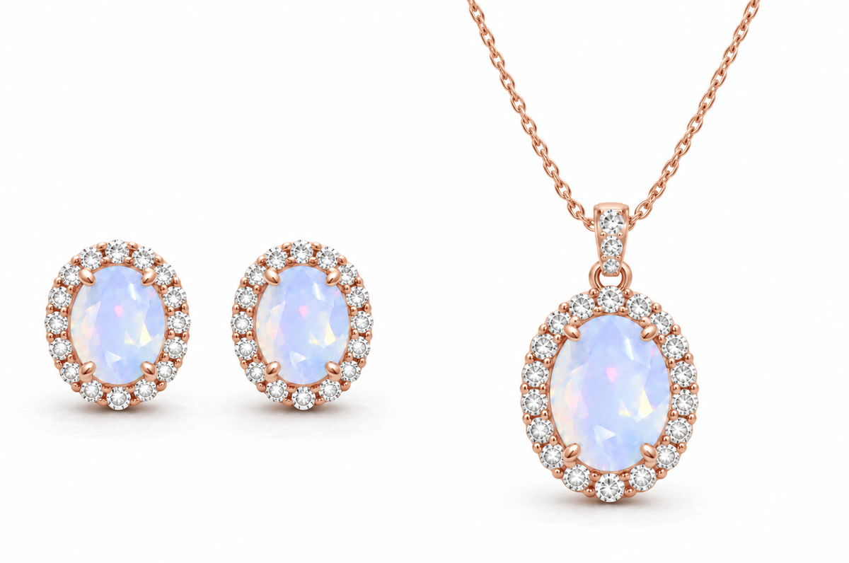 *PRE-ORDER - 925 Sterling Silver Oval Cut Simulated White Moonstone Necklace & Earrings Set (Choose your Plating)