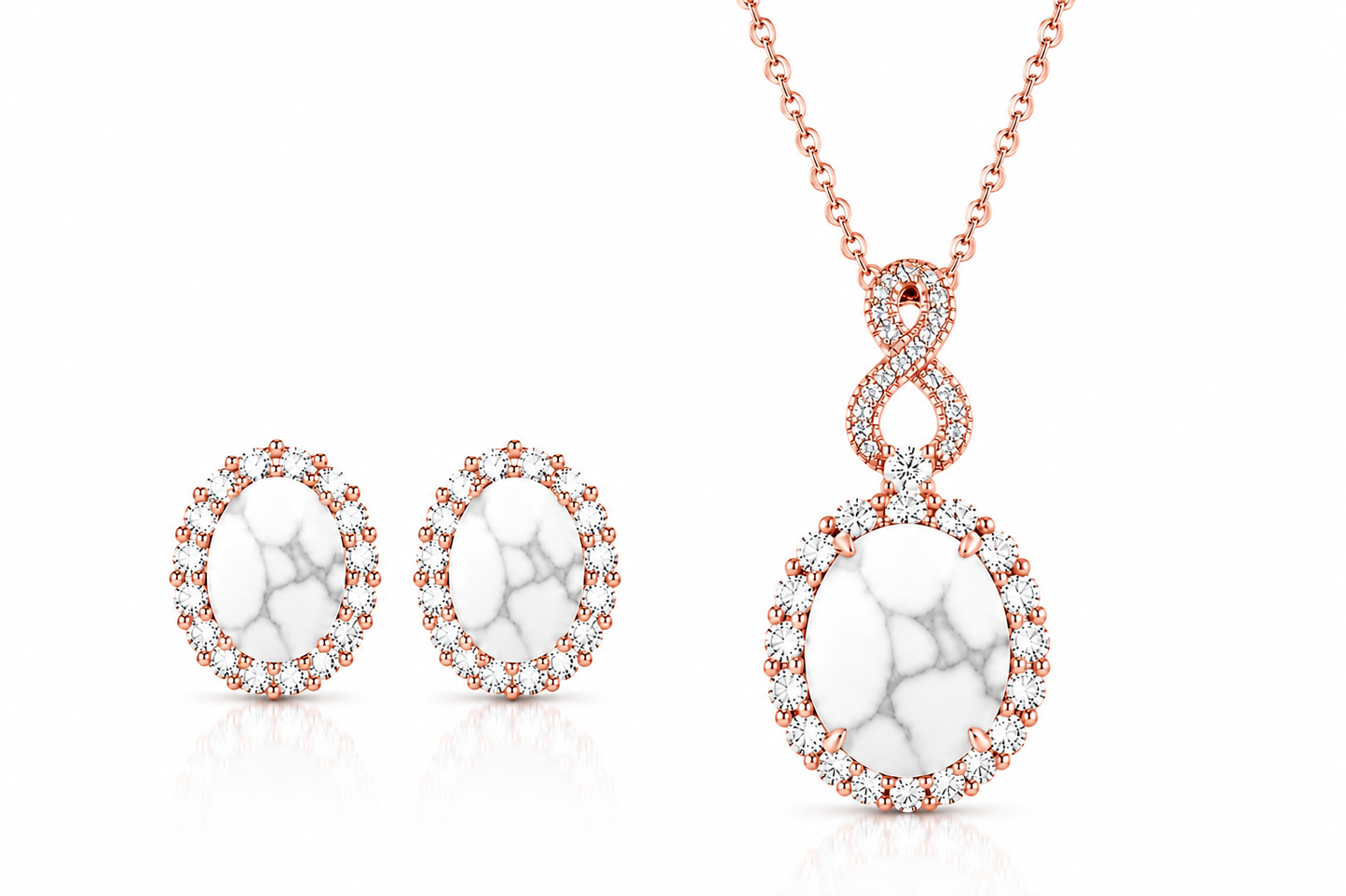 PRE-ORDER - 925 Sterling Silver Oval Cut White Howlite Necklace & Earrings Set (Choose your finish)