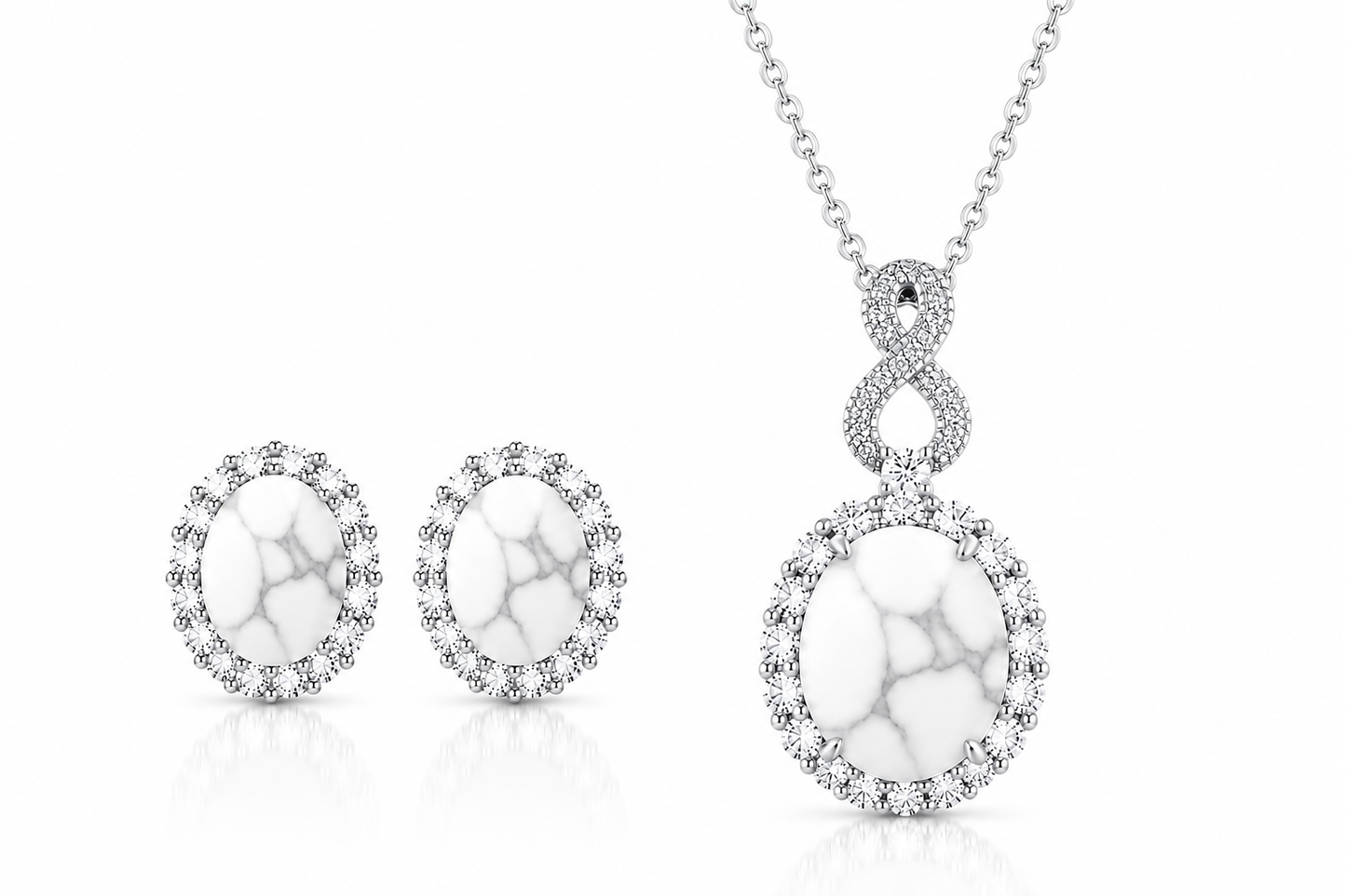 PRE-ORDER - 925 Sterling Silver Oval Cut White Howlite Necklace & Earrings Set (Choose your finish)