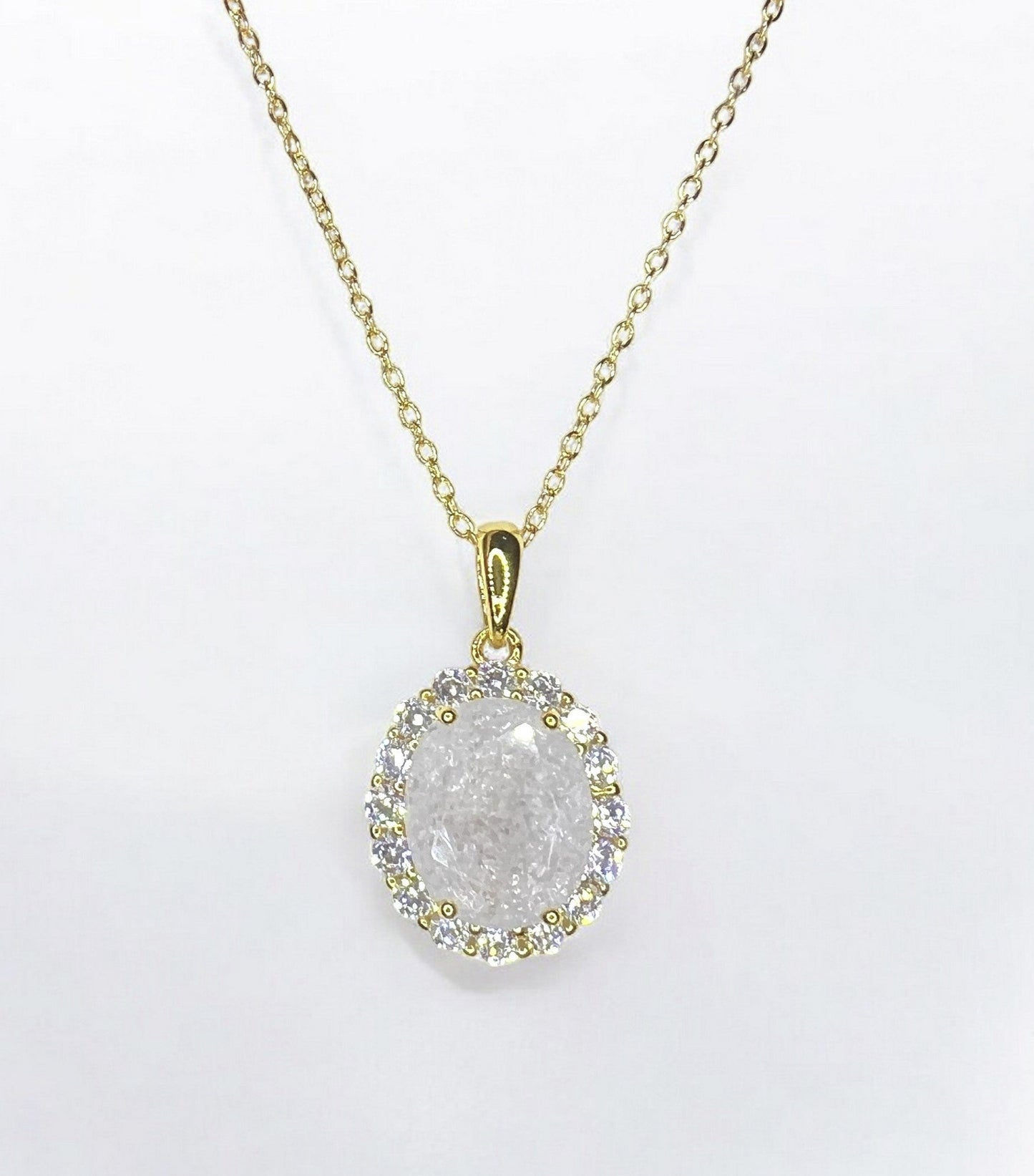 925 Sterling Silver Oval Cut White Ice CZ Necklace on Yellow Gold