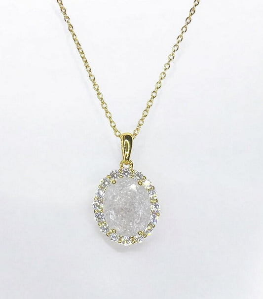 925 Sterling Silver Oval Cut White Ice CZ Necklace on Yellow Gold