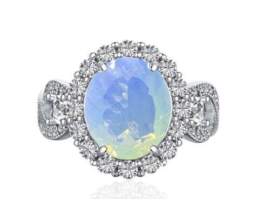 925 Sterling Silver Oval Cut White Multifaceted Moonstone Infinity Band Ring