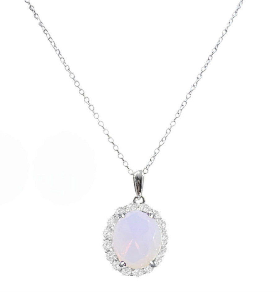 925 Sterling Silver Oval Cut White Multifaceted Opal Necklace