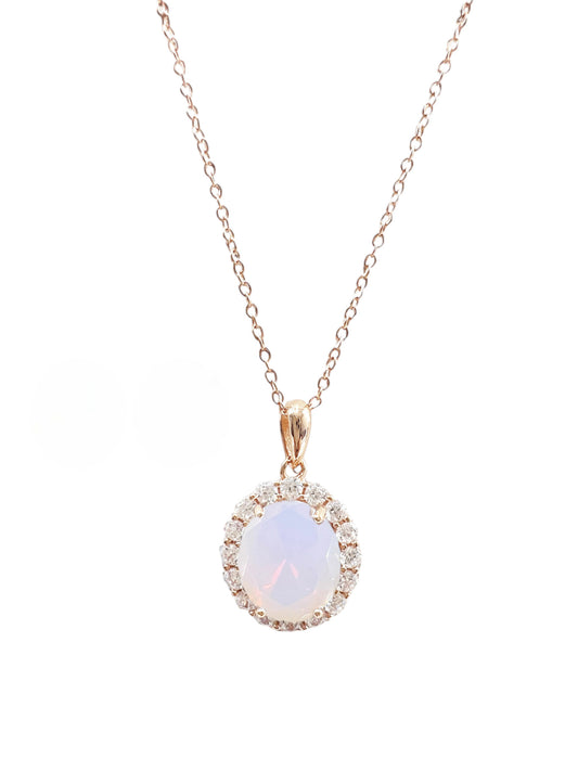 925 Sterling Silver Oval Cut White Multifaceted Opal Necklace on Rose Gold