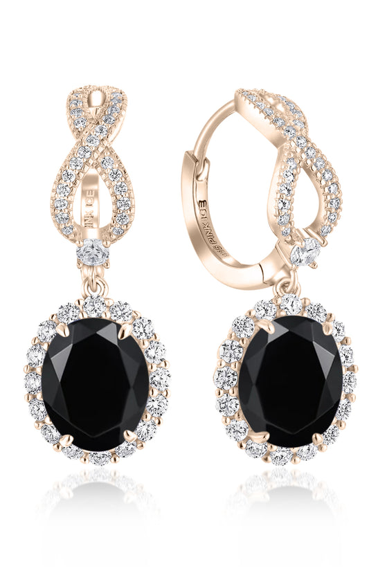 925 Sterling Silver Oval Halo Black Onyx Infinity Drop Earrings on Rose Gold