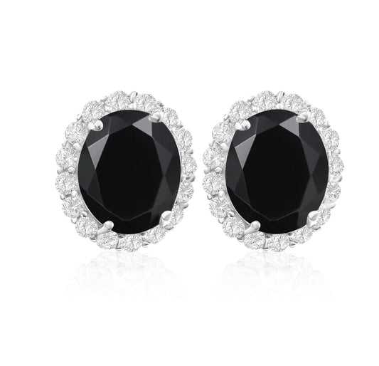 925 Sterling Silver Oval Halo Black Onyx Stud Earrings
