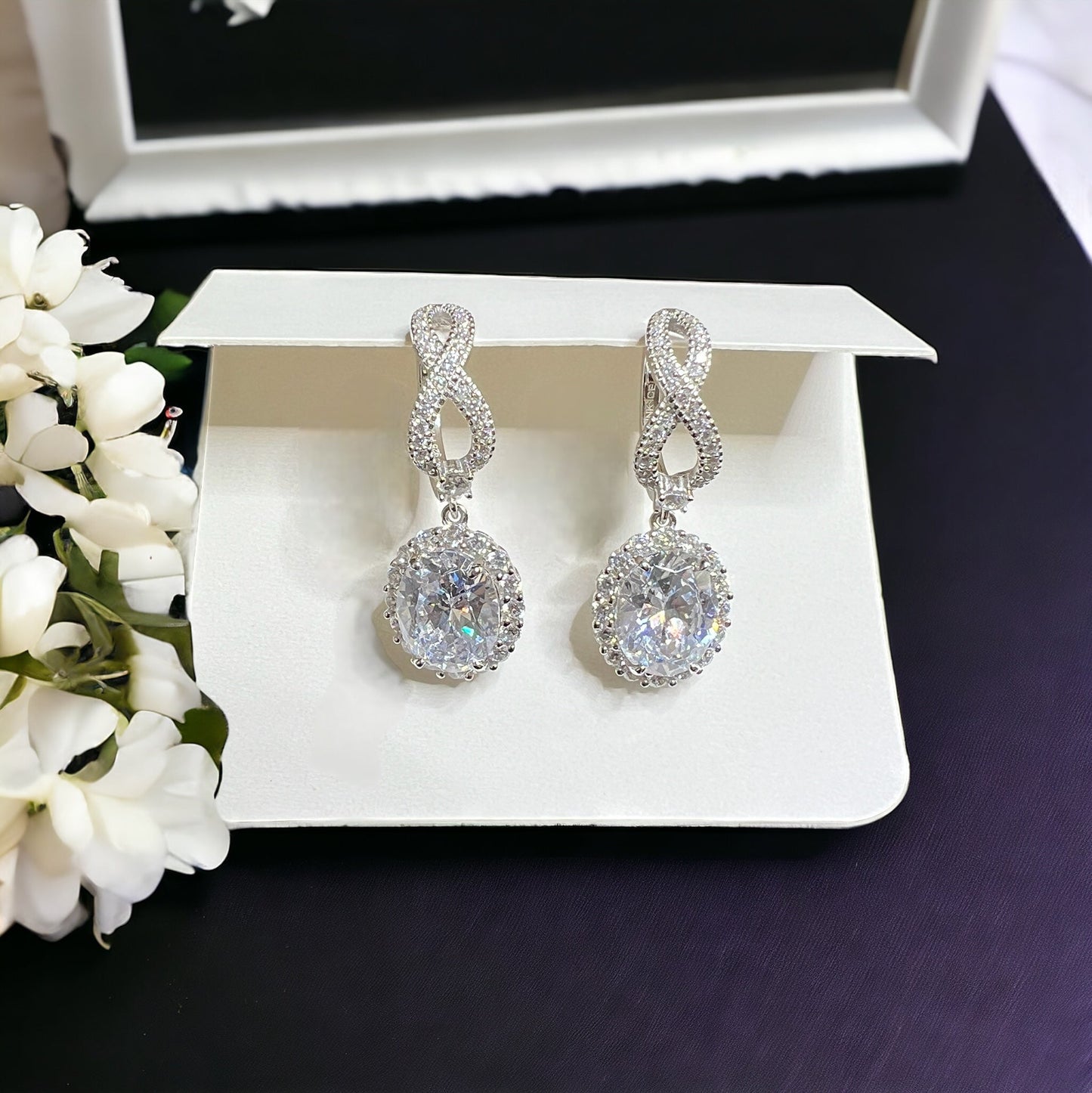 *PRE-ORDER * 925 Sterling Silver Oval Halo Diamond CZ Infinity Drop Earrings