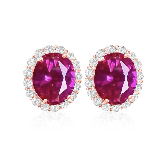 925 Sterling Silver Oval Halo Rose Corundum CZ Stud Earrings - Rose Gold