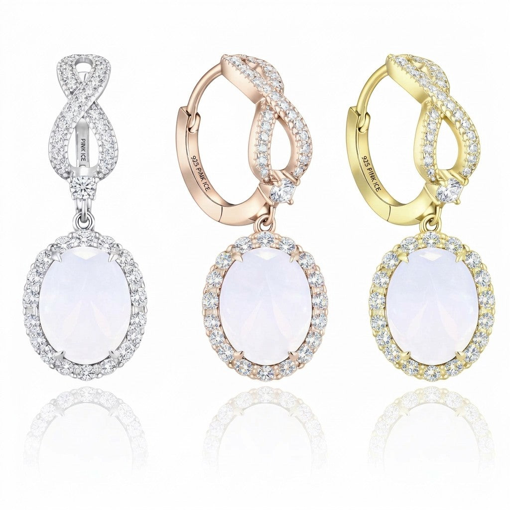 PRE-ORDER - 925 Sterling Silver Oval Halo Simulated White Moonstone Infinity Drop Earrings