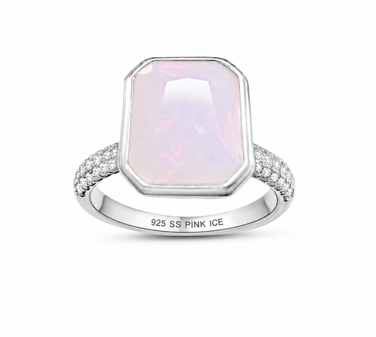 925 Sterling Silver Pink Moonstone Bezel Ring (Rhodium or Rose Gold)