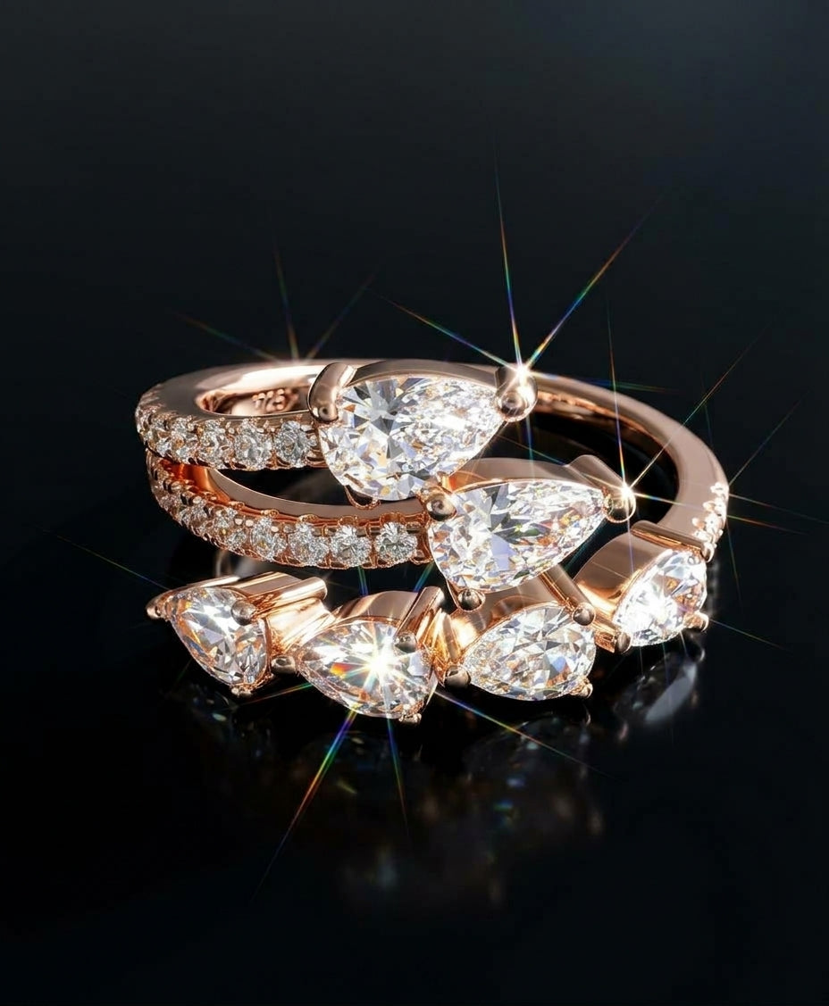 925 Sterling Silver Pear Cut Diamond with Pavé Cubic Zirconia Spiral Ring on Rose Gold