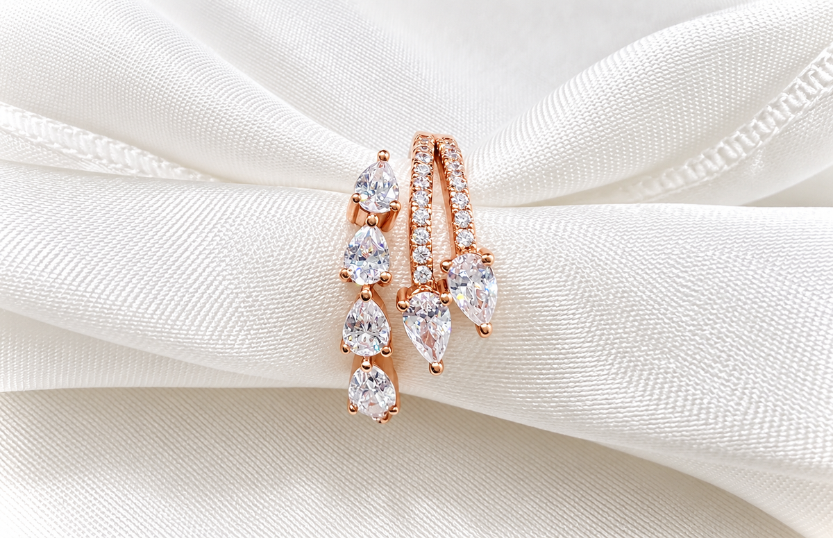925 Sterling Silver Pear Cut Diamond with Pavé Cubic Zirconia Spiral Ring on Rose Gold