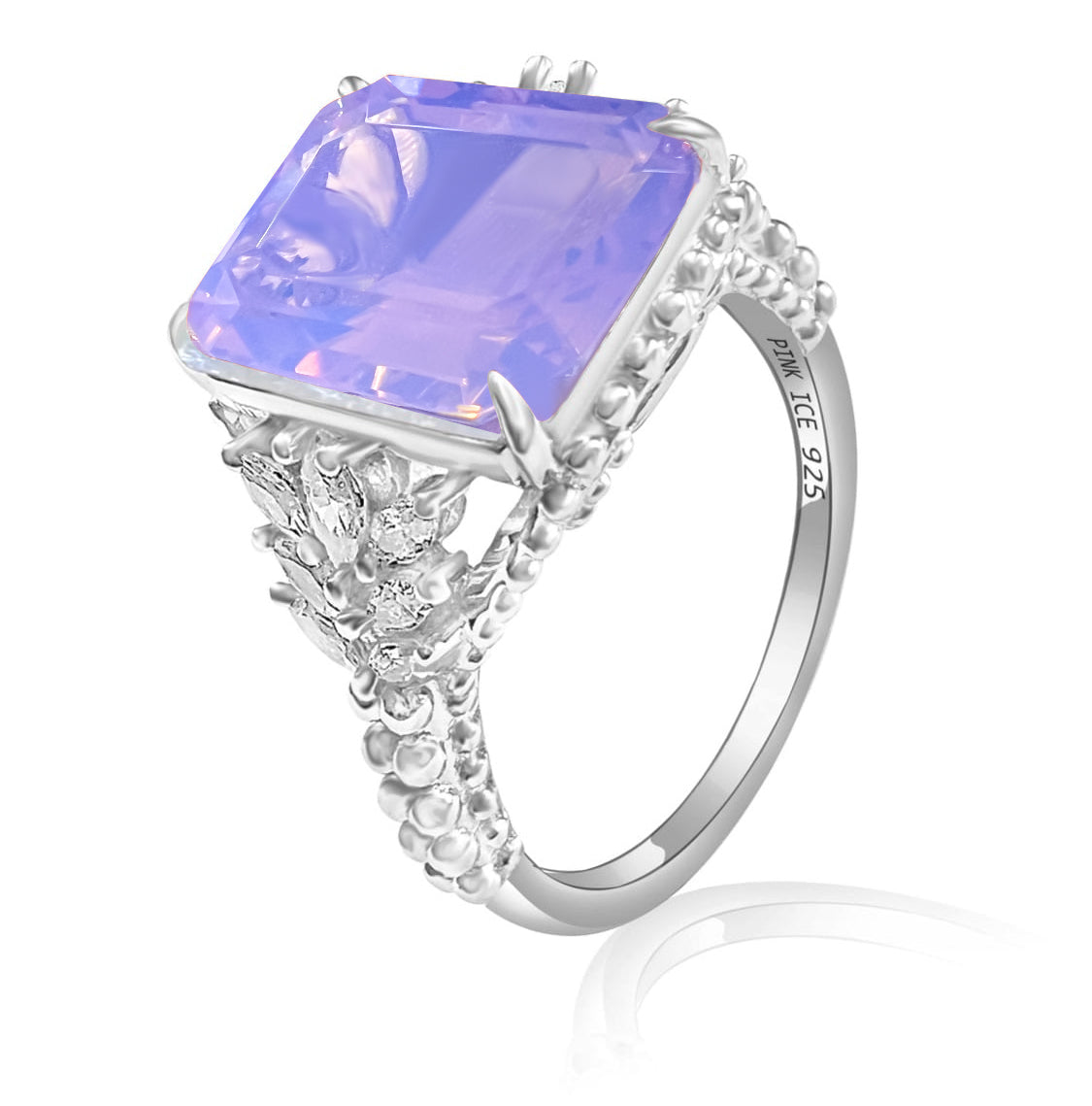 925 Sterling Silver Pink Moonstone Beaded Shank Ring