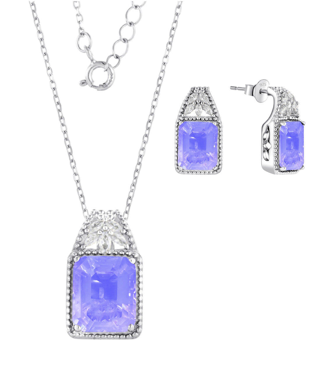 925 Sterling Silver Pink Moonstone Beaded Pendant Necklace & Earrings Set